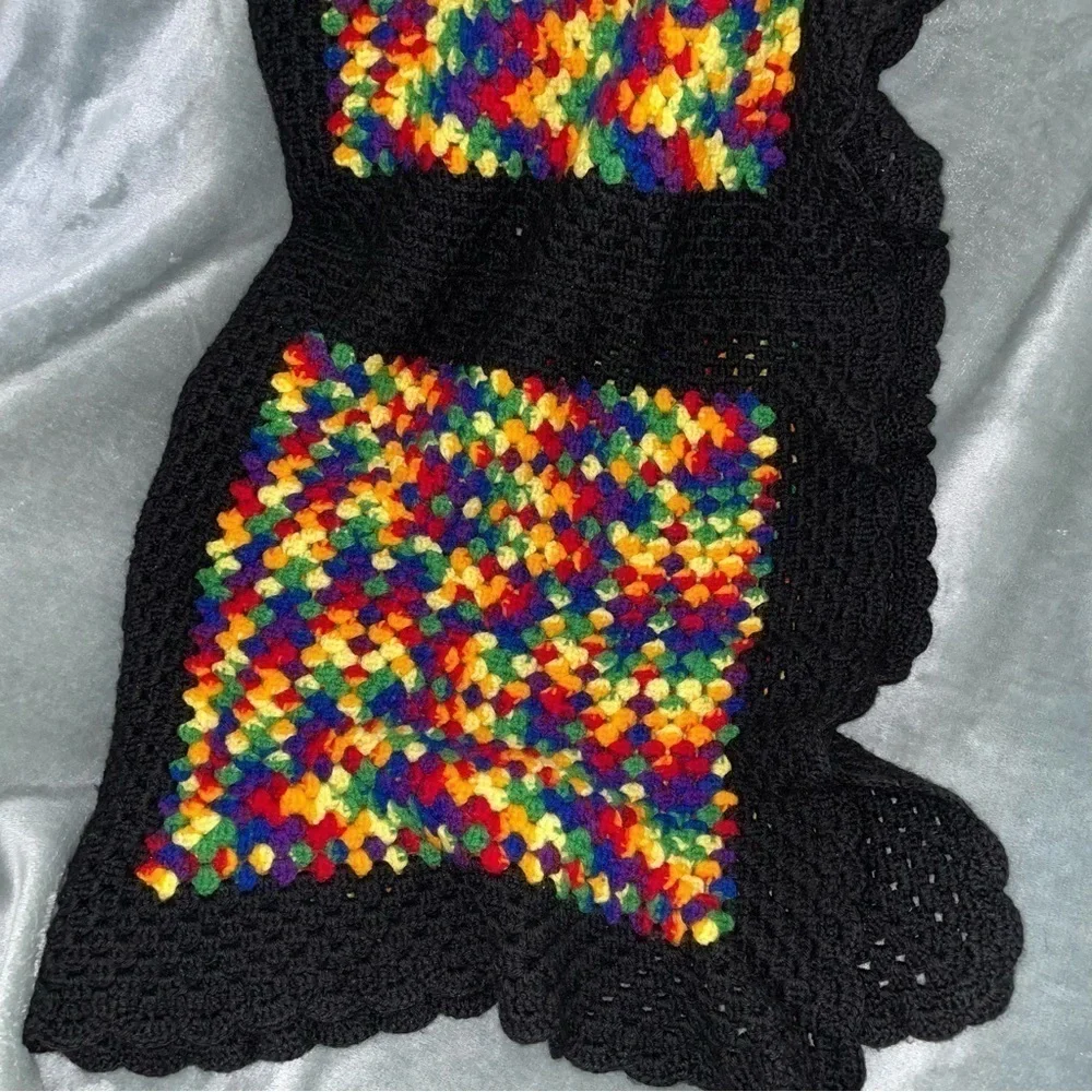 Handmade Crochet Rainbow Black Afghan Blanket Throw Granny Square OS